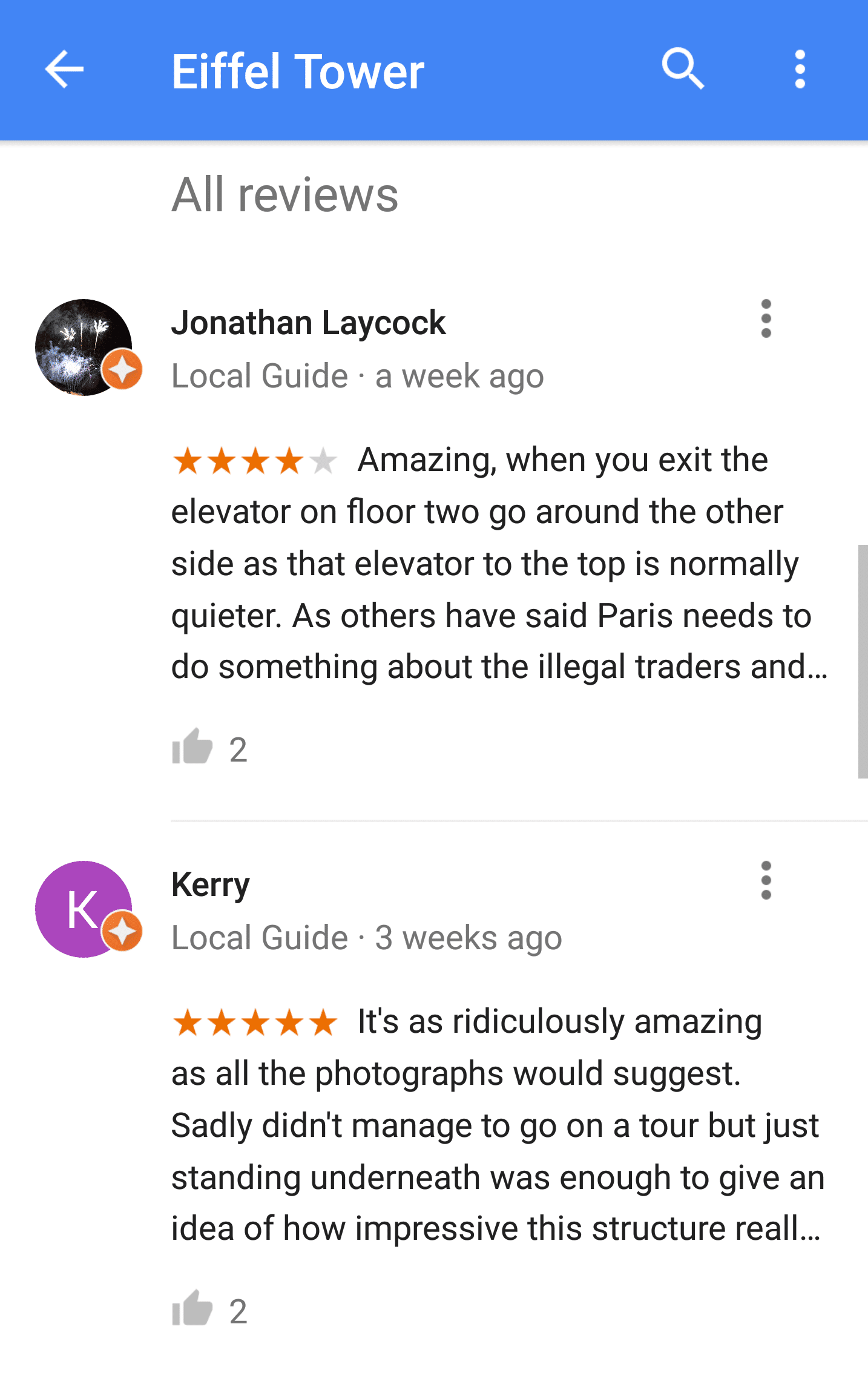 Google Maps Reviews of the Eiffel Tower