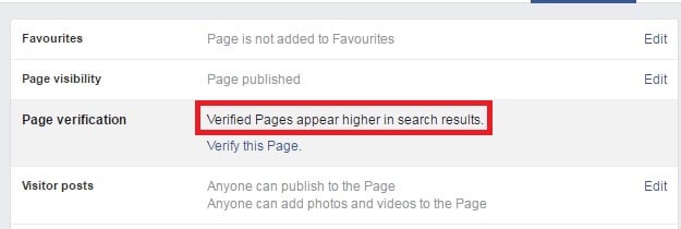Verified pages appear higher in search results. Screenshot of a Facebook Fan Page eligible for verification