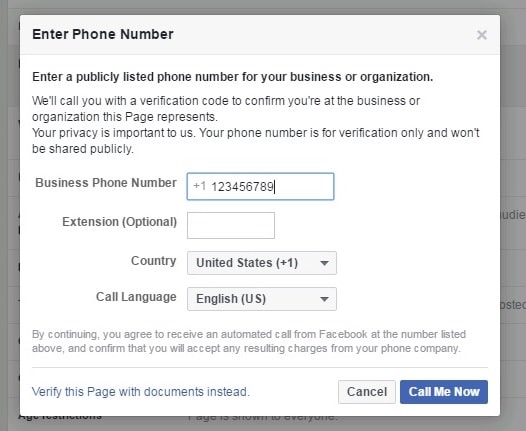 Verify Facebook page with a phone number