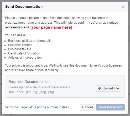 Verify Facebook page with documents